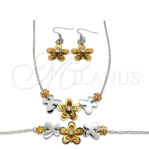 Collar, Pulsera y Dije 06.116.0168 Acero Inoxidable, Diseño de Flor y Mariposa, con Blanca Cristal, Pulido, Dos Tonos