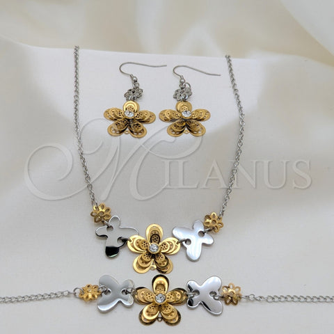 Collar, Pulsera y Dije 06.116.0168 Acero Inoxidable, Diseño de Flor y Mariposa, con Blanca Cristal, Pulido, Dos Tonos
