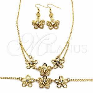 Collar, Pulsera y Dije 06.116.0172 Acero Inoxidable, Diseño de Flor, con Blanca Cristal, Pulido Negro, Tono Dorado
