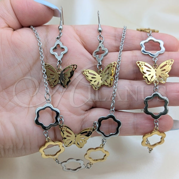 Collar, Pulsera y Dije 06.116.0176 Acero Inoxidable, Diseño de Mariposa y Flor, Pulido, Dos Tonos