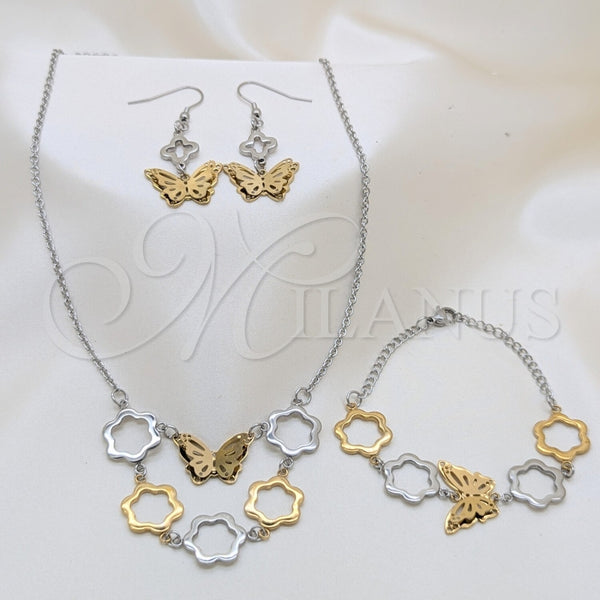 Collar, Pulsera y Dije 06.116.0176 Acero Inoxidable, Diseño de Mariposa y Flor, Pulido, Dos Tonos
