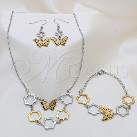Collar, Pulsera y Dije 06.116.0176 Acero Inoxidable, Diseño de Mariposa y Flor, Pulido, Dos Tonos