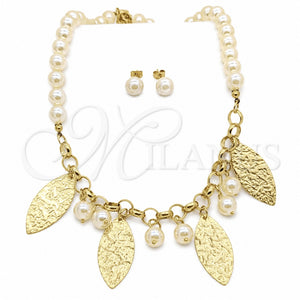 Collar, Pulsera y Dije 06.116.0180 Acero Inoxidable, Diseño de Bola, con Blanca Perla, Pulido, Tono Dorado