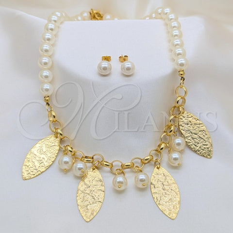 Collar, Pulsera y Dije 06.116.0180 Acero Inoxidable, Diseño de Bola, con Blanca Perla, Pulido, Tono Dorado
