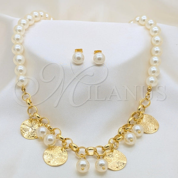 Collar, Pulsera y Dije 06.116.0181 Acero Inoxidable, Diseño de Bola, con Perla Blanca, Pulido, Tono Dorado