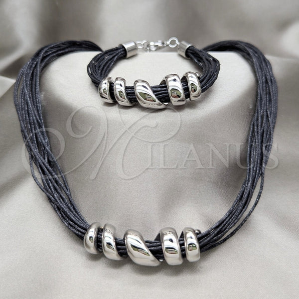 Collar y Pulsera 06.116.0185 Acero Inoxidable, Cuero Negro, Rodinado