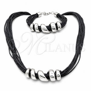 Collar y Pulsera 06.116.0185 Acero Inoxidable, Cuero Negro, Rodinado