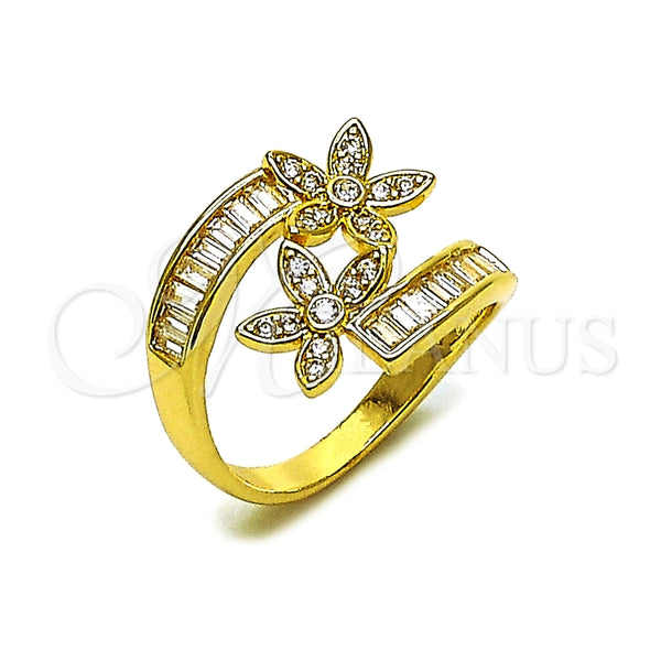 Anillo Multi Piedra 01.283.0065 Oro Laminado, Diseño de Flor y Baguette, con Blanca Zirconia Cubica, Pulido, Tono Dorado (One size fits all)