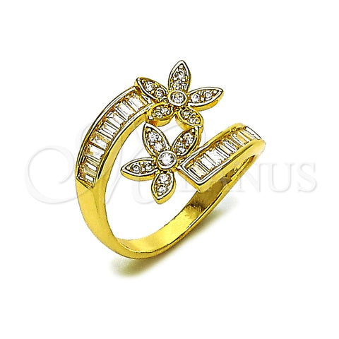 Anillo Multi Piedra 01.283.0065 Oro Laminado, Diseño de Flor y Baguette, con Blanca Zirconia Cubica, Pulido, Tono Dorado (One size fits all)