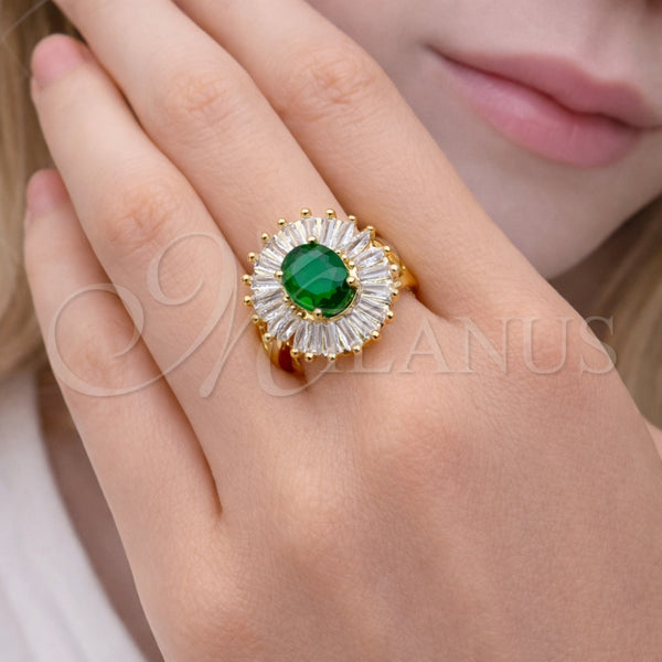 Anillo Multi Piedra 01.284.0110 Oro Laminado, Diseño de Baguette y Cluster, con Verde and Blanca Zirconia Cubica, Pulido, Tono Dorado (One size fits all)