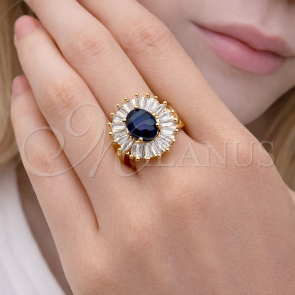 Anillo Multi Piedra 01.284.0110.1 Oro Laminado, Diseño de Baguette y Cluster, con Zafiro Azul and Blanca Zirconia Cubica, Pulido, Tono Dorado (One size fits all)