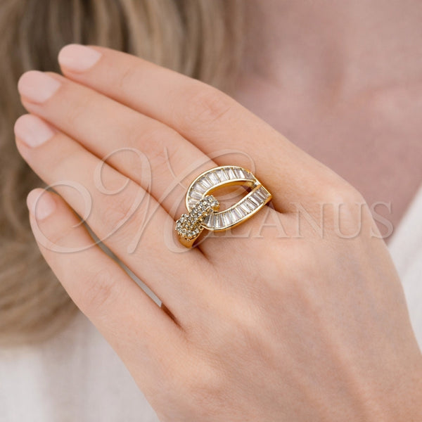 Anillo Multi Piedra 01.283.0066 Oro Laminado, Diseño de Hebilla del Cinturón y Baguette, con Blanca Zirconia Cubica and Blanca Micro Pave, Pulido, Tono Dorado (One size fits all)