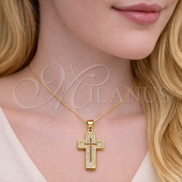 Dije Religioso 05.344.0002 Oro Laminado, Diseño de Cruz, con Blanca Micro Pave, Pulido, Tono Dorado