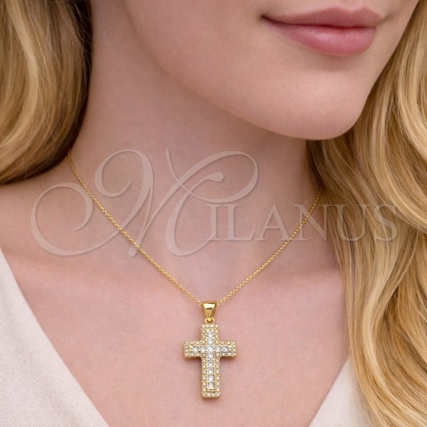 Dije Religioso 05.344.0004 Oro Laminado, Diseño de Cruz, con Blanca Zirconia Cubica and Blanca Micro Pave, Pulido, Tono Dorado