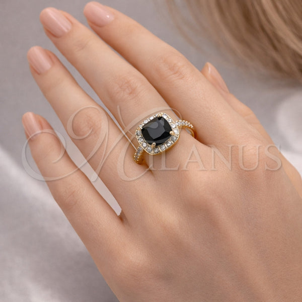 Anillo Multi Piedra 01.196.0050 Oro Laminado, Diseño de Cluster, con Negro Zirconia Cubica and Blanca Micro Pave, Pulido, Tono Dorado (One size fits all)