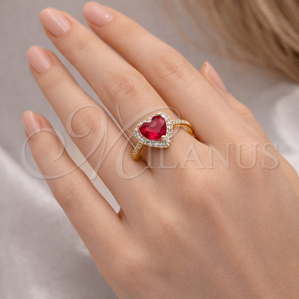 Anillo Multi Piedra 01.196.0051 Oro Laminado, Diseño de Corazón y Cluster, con Rubi Zirconia Cubica and Blanca Micro Pave, Pulido, Tono Dorado (One size fits all)