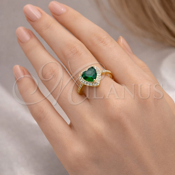 Anillo Multi Piedra 01.196.0051.1 Oro Laminado, Diseño de Corazón y Cluster, con Verde Zirconia Cubica and Blanca Micro Pave, Pulido, Tono Dorado (One size fits all)