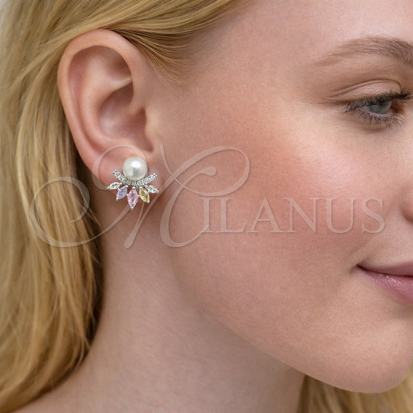 Arete Dormilona 02.260.0035.1 Rodio Laminado, Diseño de Flor, con Zirconia Cubica Multicolor y Blanca, Pulido, Rodinado