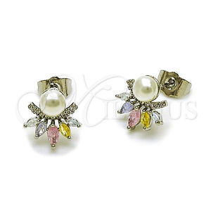 Arete Dormilona 02.260.0035.1 Rodio Laminado, Diseño de Flor, con Zirconia Cubica Multicolor y Blanca, Pulido, Rodinado