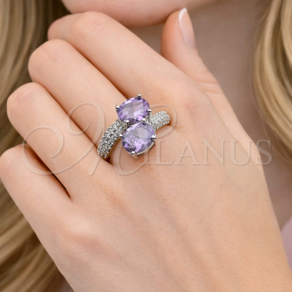 Anillo Multi Piedra 01.346.0029 Rodio Laminado, con Zirconia Cubica Amatista y Micro Pave Blanca, Pulido, Rodinado (Talla Unica)