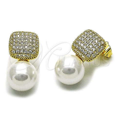 Arete Dormilona 02.436.0029 Oro Laminado, Diseño de Bola, con Marfil Perla and Blanca Micro Pave, Pulido, Tono Dorado