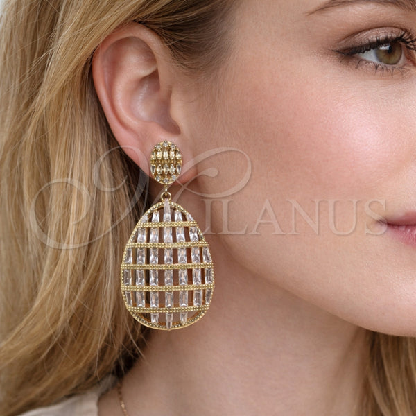 Arete Colgante 02.436.0040 Oro Laminado, Diseño de Baguette, con Blanca Zirconia Cubica, Pulido, Tono Dorado