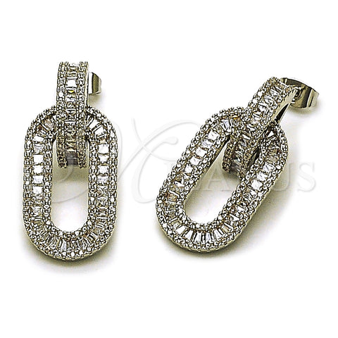 Arete Colgante 02.436.0041.1 Rodio Laminado, Diseño de Cluster y Baguette, con Zirconia Cubica Blanca y Micro Pave Blanca, Pulido, Rodinado