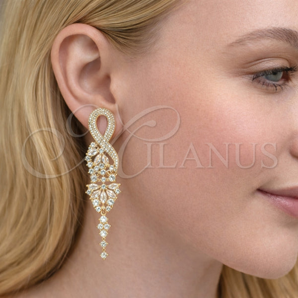 Arete Largo 02.436.0047 Oro Laminado, Diseño de Infinito, con Blanca Zirconia Cubica, Pulido, Tono Dorado