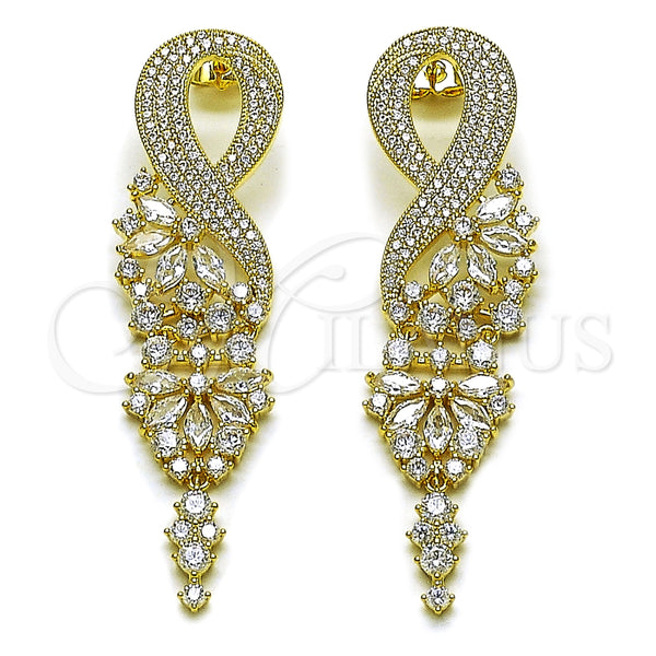 Arete Largo 02.436.0047 Oro Laminado, Diseño de Infinito, con Blanca Zirconia Cubica, Pulido, Tono Dorado