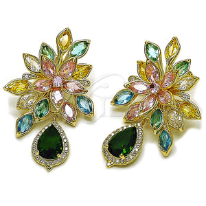 Arete Dormilona 02.436.0048 Oro Laminado, Diseño de Flor y Gota, con Multicolor and Verde Zirconia Cubica, Pulido, Tono Dorado