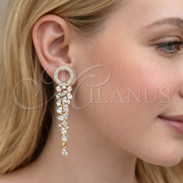 Arete Largo 02.436.0050 Oro Laminado, con Blanca Zirconia Cubica, Pulido, Tono Dorado