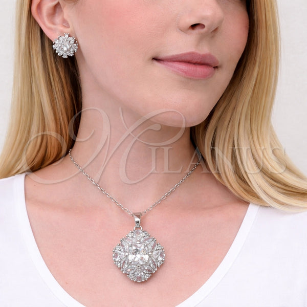 Juego de Arete y Dije de Adulto 10.448.0001 Rodio Laminado, Diseño de Cluster, con Zirconia Cubica Blanca, Pulido, Rodinado