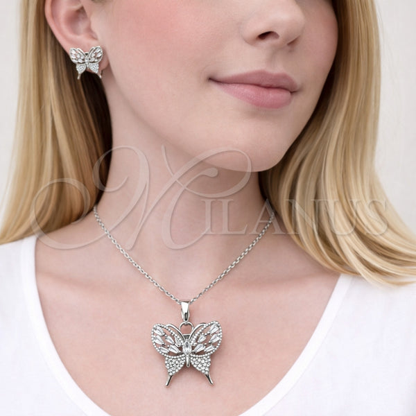 Juego de Arete y Dije de Adulto 10.448.0004 Rodio Laminado, Diseño de Mariposa y Baguette, con Zirconia Cubica Blanca y Micro Pave Blanca, Pulido, Rodinado
