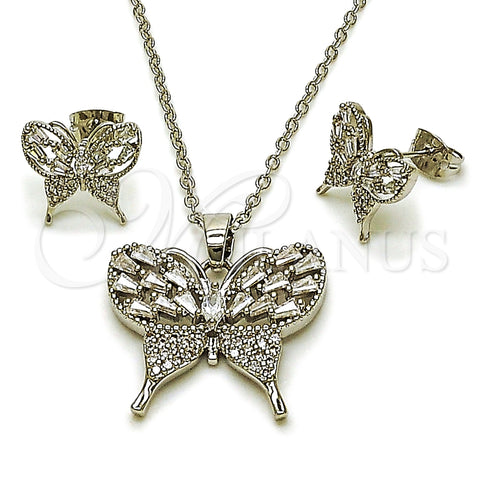 Juego de Arete y Dije de Adulto 10.448.0004 Rodio Laminado, Diseño de Mariposa y Baguette, con Zirconia Cubica Blanca y Micro Pave Blanca, Pulido, Rodinado