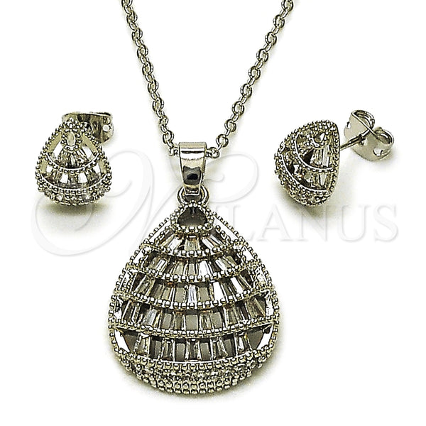 Juego de Arete y Dije de Adulto 10.448.0005 Rodio Laminado, Diseño de Gota y Baguette, con Zirconia Cubica Blanca, Pulido, Rodinado
