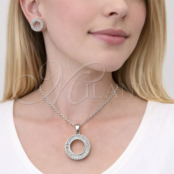 Juego de Arete y Dije de Adulto 10.448.0008 Rodio Laminado, Diseño de Baguette, con Zirconia Cubica Blanca y Micro Pave Blanca, Pulido, Rodinado