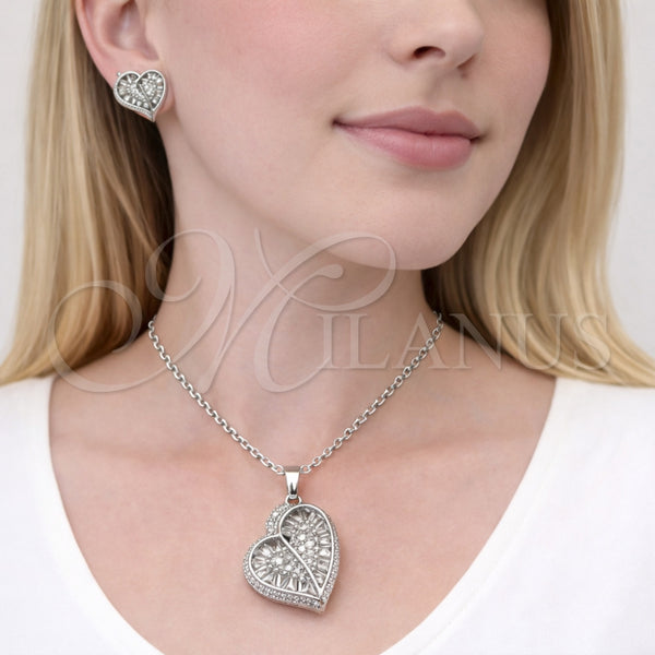 Juego de Arete y Dije de Adulto 10.448.0009 Rodio Laminado, Diseño de Corazón y Cluster, con Zirconia Cubica Blanca, Pulido, Rodinado