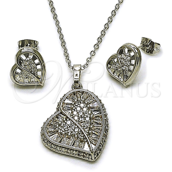 Juego de Arete y Dije de Adulto 10.448.0009 Rodio Laminado, Diseño de Corazón y Cluster, con Zirconia Cubica Blanca, Pulido, Rodinado