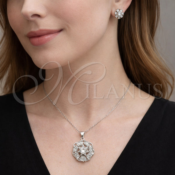 Juego de Arete y Dije de Adulto 10.448.0010 Rodio Laminado, Diseño de Flor y Baguette, con Zirconia Cubica Blanca, Pulido, Rodinado