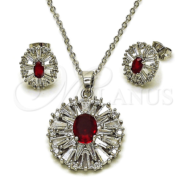 Juego de Arete y Dije de Adulto 10.448.0011 Oro Laminado Blanco, Diseño de Cluster y Baguette, con Zirconia Cubica Granate y Blanca, Pulido, Rodinado