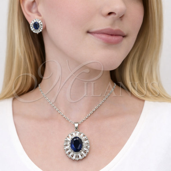 Juego de Arete y Dije de Adulto 10.448.0011.1 Rodio Laminado, Diseño de Cluster y Baguette, con Zirconia Cubica Zafiro Azul y Blanca, Pulido, Rodinado