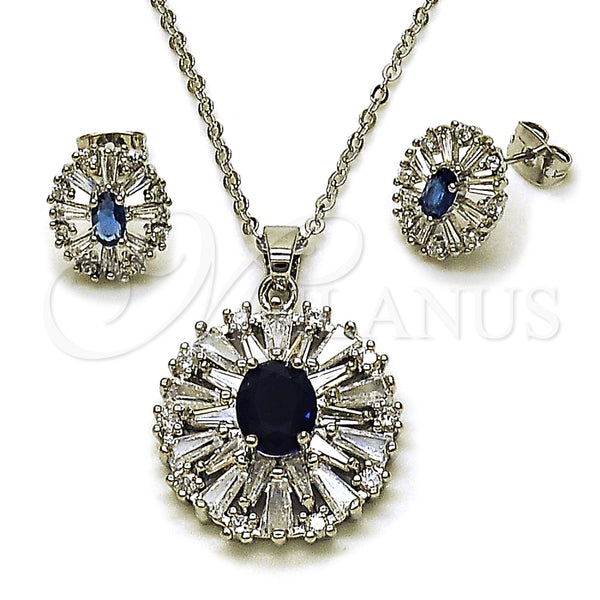 Juego de Arete y Dije de Adulto 10.448.0011.1 Rodio Laminado, Diseño de Cluster y Baguette, con Zirconia Cubica Zafiro Azul y Blanca, Pulido, Rodinado
