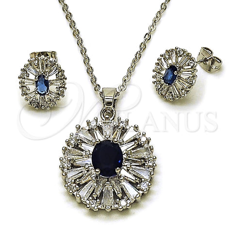 Juego de Arete y Dije de Adulto 10.448.0011.1 Rodio Laminado, Diseño de Cluster y Baguette, con Zirconia Cubica Zafiro Azul y Blanca, Pulido, Rodinado