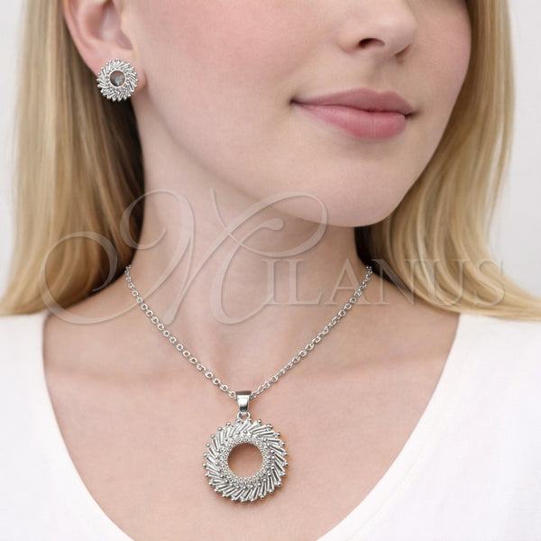 Juego de Arete y Dije de Adulto 10.448.0012 Rodio Laminado, Diseño de Baguette, con Zirconia Cubica Blanca y Micro Pave Blanca, Pulido, Rodinado