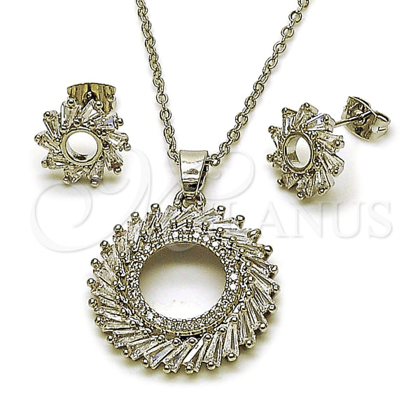 Juego de Arete y Dije de Adulto 10.448.0012 Rodio Laminado, Diseño de Baguette, con Zirconia Cubica Blanca y Micro Pave Blanca, Pulido, Rodinado