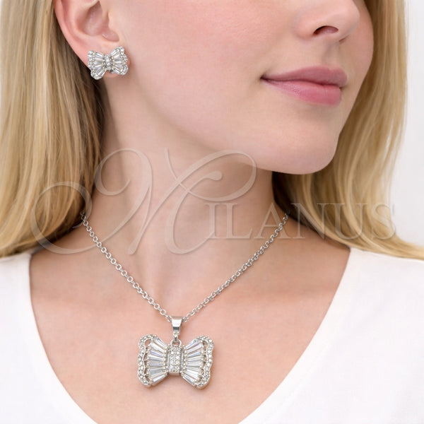 Juego de Arete y Dije de Adulto 10.448.0013 Rodio Laminado, Diseño de Arco y Baguette, con Zirconia Cubica Blanca y Micro Pave Blanca, Pulido, Rodinado