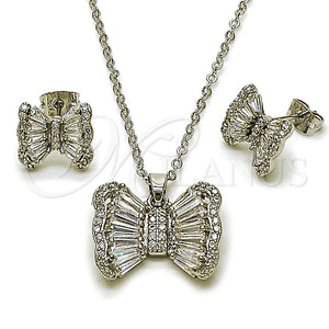 Juego de Arete y Dije de Adulto 10.448.0013 Rodio Laminado, Diseño de Arco y Baguette, con Zirconia Cubica Blanca y Micro Pave Blanca, Pulido, Rodinado