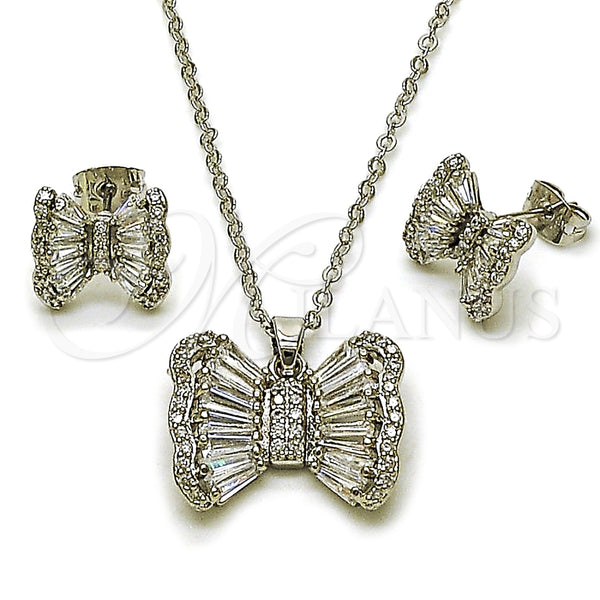 Juego de Arete y Dije de Adulto 10.448.0013 Rodio Laminado, Diseño de Arco y Baguette, con Zirconia Cubica Blanca y Micro Pave Blanca, Pulido, Rodinado