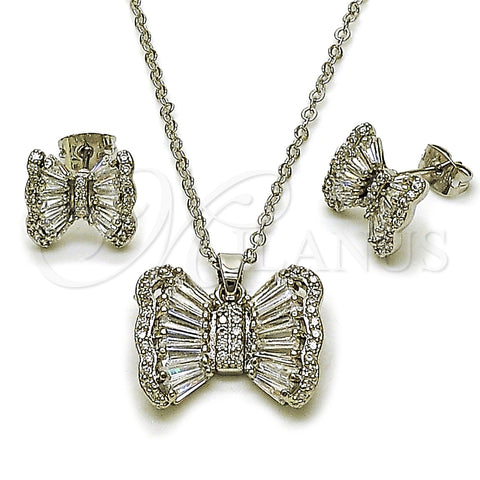 Juego de Arete y Dije de Adulto 10.448.0013 Rodio Laminado, Diseño de Arco y Baguette, con Zirconia Cubica Blanca y Micro Pave Blanca, Pulido, Rodinado