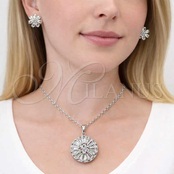 Juego de Arete y Dije de Adulto 10.448.0014 Rodio Laminado, Diseño de Flor y Cluster, con Zirconia Cubica Blanca, Pulido, Rodinado